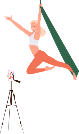 Young woman aerial yoga instructor hanging streaming antigravity exercise online  Illustration