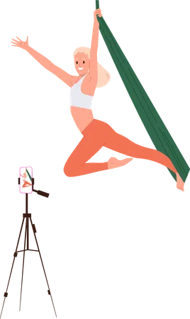 Young woman aerial yoga instructor hanging streaming antigravity exercise online  Illustration