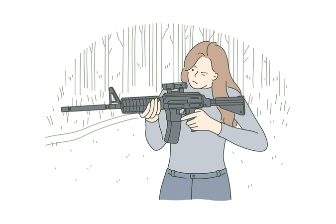 Young woman aiming and looking through sight automatic rifle at shooting range  イラスト