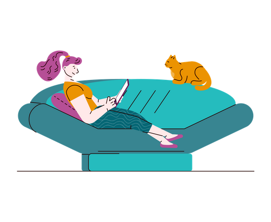 Young woman and cat relaxing on living room sofa Illustration