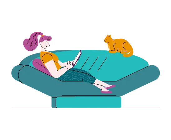 Young woman and cat relaxing on living room sofa Illustration