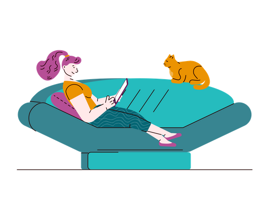 Young woman and cat relaxing on living room sofa  Illustration