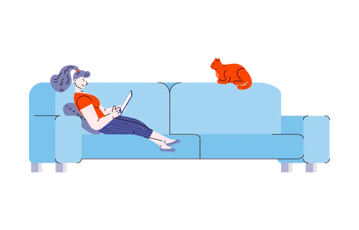 Young woman and cat relaxing on living room sofa  Illustration