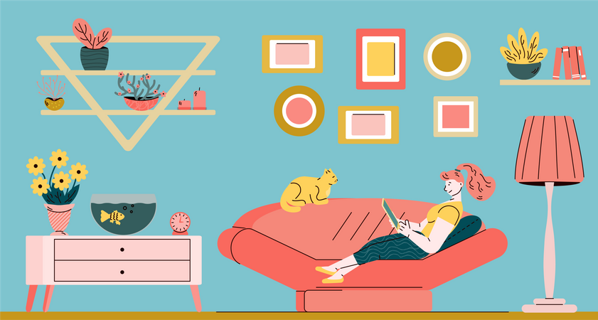 Young woman and cat relaxing on living room sofa  Illustration