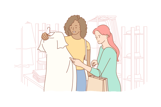 Young woman and friends choosing clothes at shop  イラスト