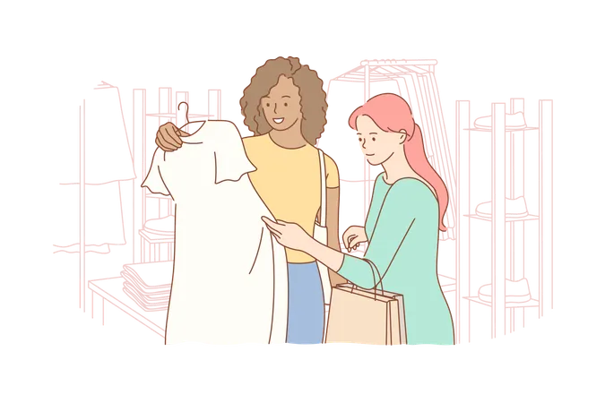 Young woman and friends choosing clothes at shop  Illustration