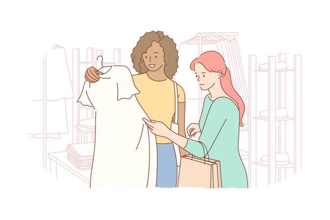 Young woman and friends choosing clothes at shop  일러스트레이션