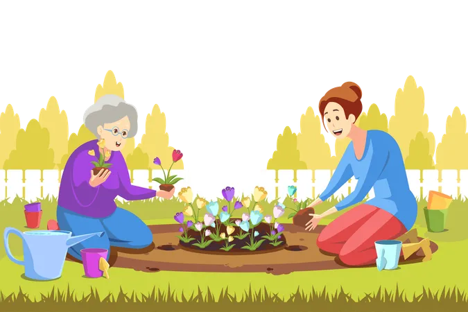 Teamwork Agriculture Gardening Planting Nature Concept Young Happy Woman And Granny Mother Daughter Farmers Working At Nature Putting Flowers Together Rural Volunteering Vector Illustration Illustration