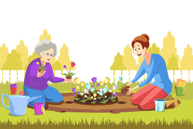 Young woman and granny working at nature  Illustration