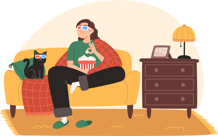 Young woman and her cat are sitting on a cozy sofa and watching a movie  Illustration