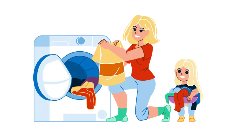 Young woman and her daughter washing clothes in washing machine  Illustration