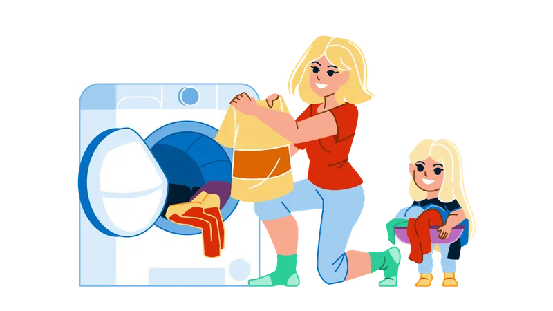 Young woman and her daughter washing clothes in washing machine  일러스트레이션