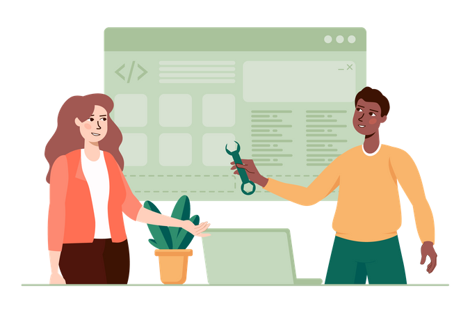Young woman and man  developing website  Illustration