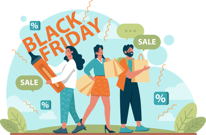 Young woman and man doing black friday shopping  Illustration