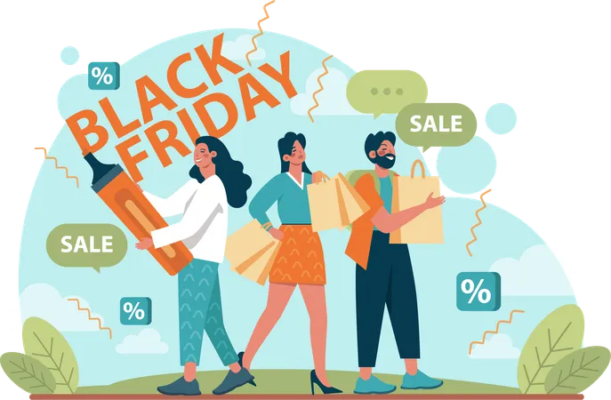 Young woman and man doing black friday shopping  Illustration