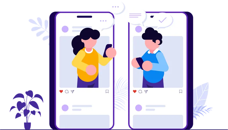 Young woman and man doing Chatting On Social Media  Illustration