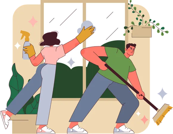 Young woman and man doing cleaning at home  Illustration