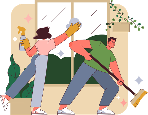 Young woman and man doing cleaning at home  Illustration