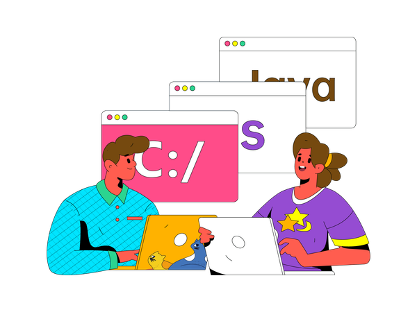 Young woman and man doing coding  Illustration