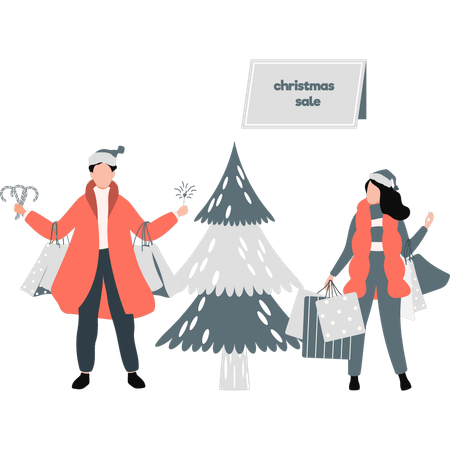 Young woman and man doing shopping on christmas sale  Illustration