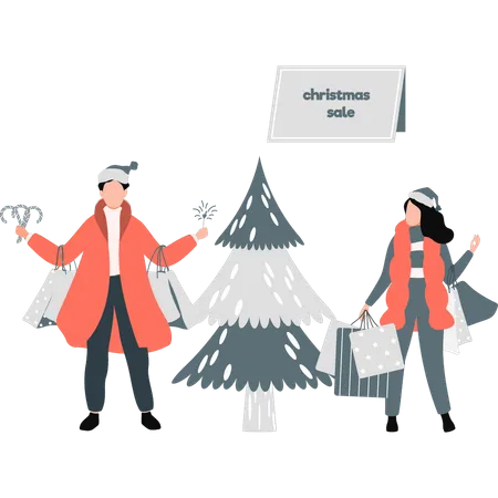Young woman and man doing shopping on christmas sale  Illustration