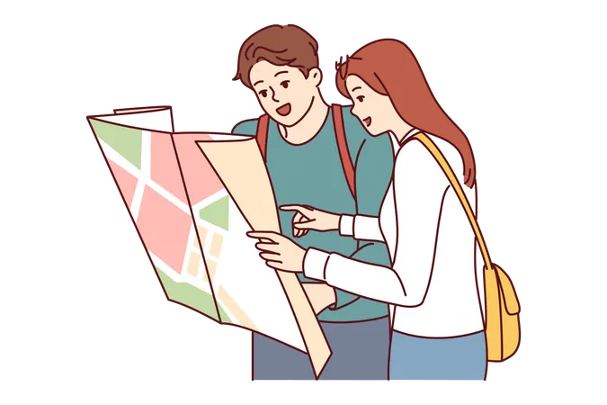 Young woman and man finding location  Illustration