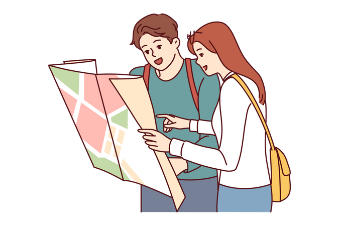 Young woman and man finding location  Illustration