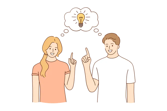 Having Idea And Solution Concept Young Happy Couple Cartoon Characters Standing With Light Bulb Between Them Meaning Solved Question Creative Thinking Vector Illustration Illustration