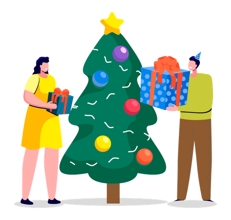 Young woman and man holding christmas gift  Illustration