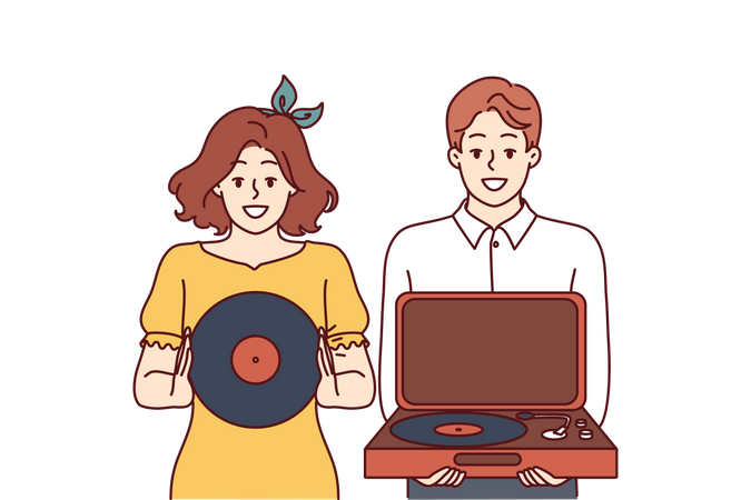 Young woman and man holding classic music set  Illustration