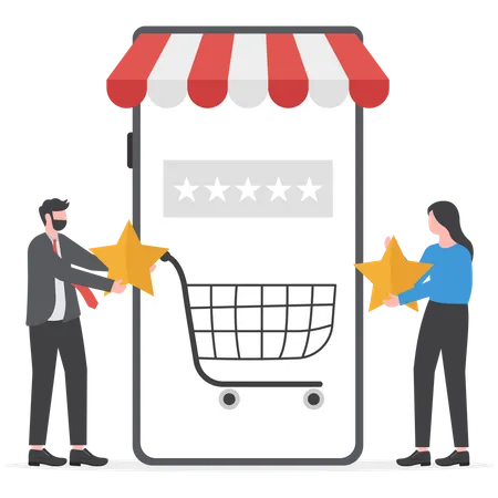 Woman And Man Holding Stars Rating For Vote Store Shop Business Concept Vector Illustration Illustration