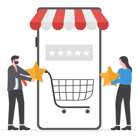 Young woman and man holding stars rating for business vote  Illustration