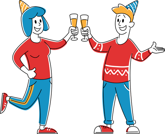 Young Woman and Man in party Hats Clinking Glasses with Alcohol Drink Have Fun at Disco Party in Night Club  Illustration