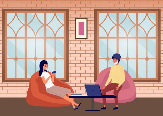 A Woman And A Man In Protective Face Mask Are Sitting On Chairs And Communicating In Room With Brick Wall People Are Working From Home Together With Laptop Interior Design Of A Living Room Illustration