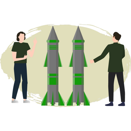 Young Woman And Man Looking At Missile  Illustration