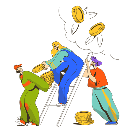 Young woman and man picking coins out of tree  Illustration