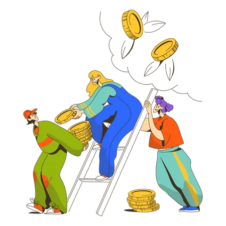 Young woman and man picking coins out of tree  Illustration