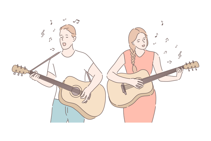 Young woman and man playing guitar and singing song  Illustration