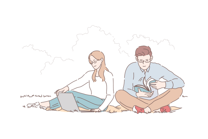 Young woman and man preparing exam in park  Illustration
