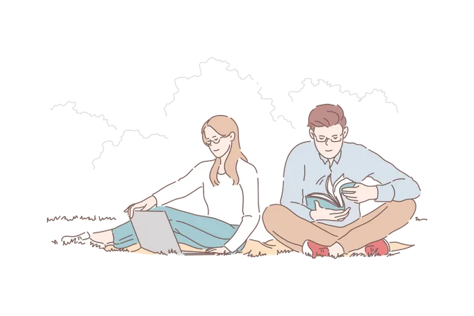 Young woman and man preparing exam in park  Illustration