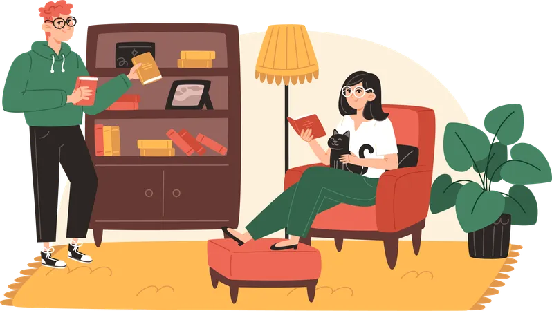 Young woman and man reading book at home in cozy living room at home  Illustration