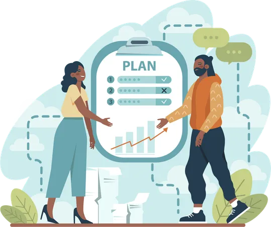 Young woman and man showing business plan and growth  Illustration