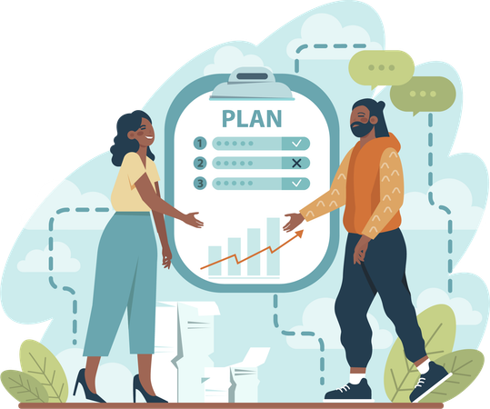 Young woman and man showing business plan and growth  Illustration