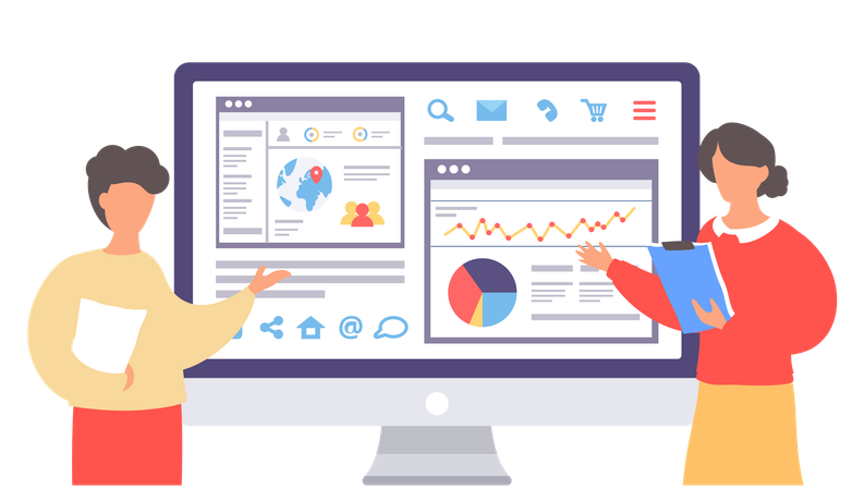 Young woman and man showing global analysis  Illustration