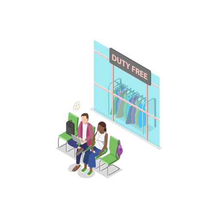 Young woman and man sitting at airport waiting room for fight journey  Illustration