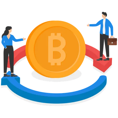 Young woman and man standing on round bitcoin  Illustration