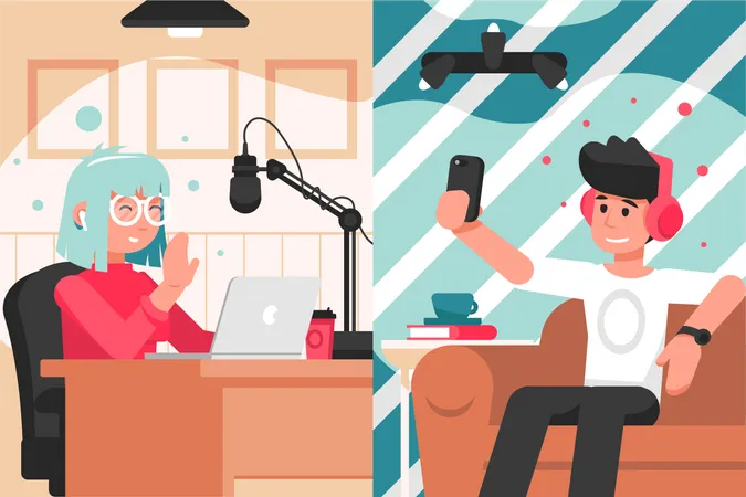 Young woman and man talking on video call  Illustration