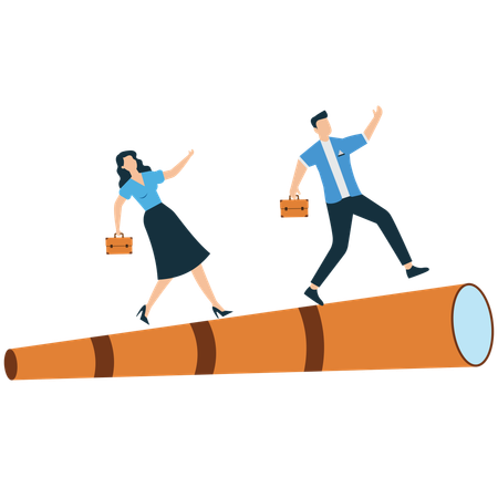 Young woman and man walking on telescope while find Investment direction  Illustration