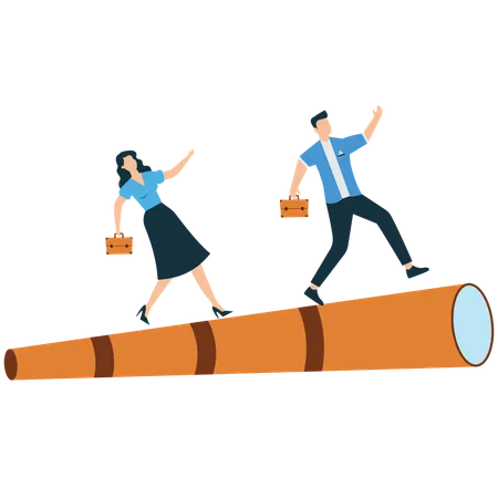 Young woman and man walking on telescope while find Investment direction  Illustration