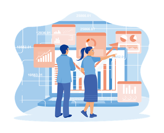 Young woman and man working on business analytic  Illustration